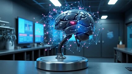 Futuristic brain model with glowing neural network in a high-tech laboratory - Powered by Adobe