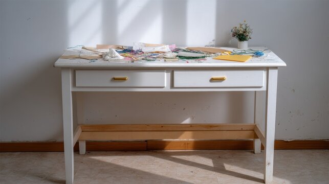 DIY Styled Scene for Magazine Cover Featuring White Table with Creative Supplies