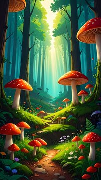 A vibrant forest path lined with mushrooms