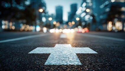 City street at twilight, plus sign on the road