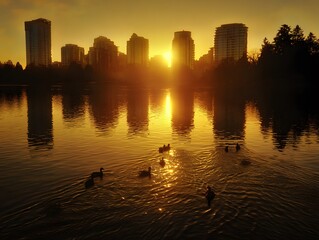 Fototapeta premium Golden Skyline at Sunset with Ducks Swimming in Water