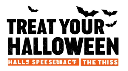 Transparent seasonal Halloween slogan "Treat Yourself This Halloween," isolated on white background