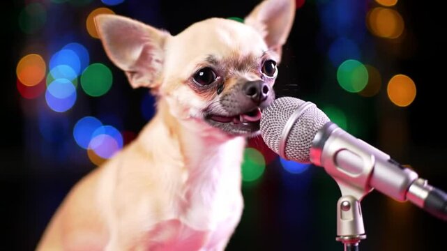 Chihuahua serenades microphone against bokeh lights