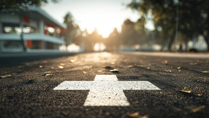 Park path leads to sunlit horizon
