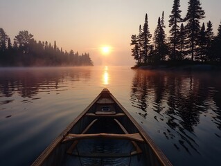 Wooden Canoe Silhouetted on Calm Lake at Sunset, Tranquil Adventure
