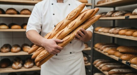 Baker holding long loaves of bread in a bakery