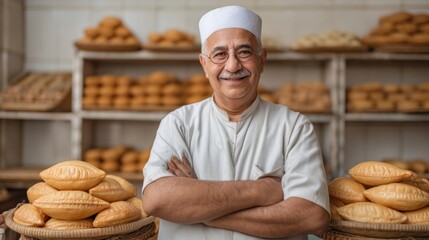 Smiling Baker in Traditional Attire Posing with Freshly Baked Bread in a Cozy Bakery Setting with Shelves Full of Loaves and Buns