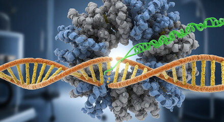 Detailed 3D visualization of the DNA transcription process, showing RNA polymerase unwinding the double helix to synthesize an RNA strand