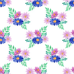 Seamless Pink Flower Blossom Pattern Watercolor Illustration on White Background