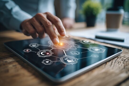 Businessperson using a tablet with a network interface overlay