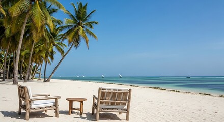 Serene tropical beach getaway with wooden chairs on white sand.