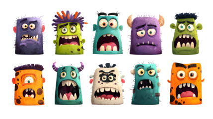 Twelve cartoon monster faces showing different Halloween expressions, isolated on white background
