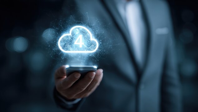 Businessman holding a phone with a cloud icon