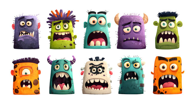 Naklejki Twelve cartoon monster faces showing different Halloween expressions, isolated on white background