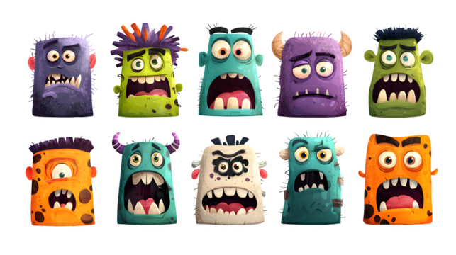 Twelve cartoon monster faces showing different Halloween expressions, isolated on white background