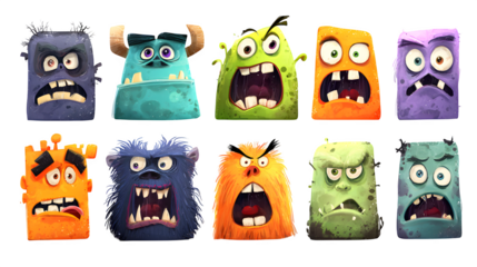 Twelve cartoon monster faces showing different Halloween expressions, isolated on white background