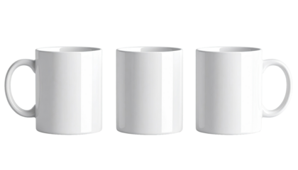 Three identical white mugs, side-by-side,  with handles.  Empty, blank, ready for design
