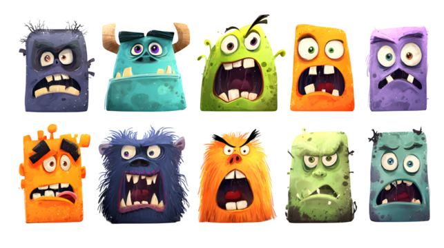 Twelve cartoon monster faces showing different Halloween expressions, isolated on white background