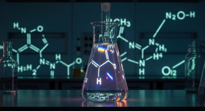 Beaker filled with liquid, chemical formulas projected
