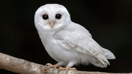 White Owl Perched on Branch with Dark Background, Displaying Striking Features and Soft Plumage, Captured in Nature's Serene Habitat