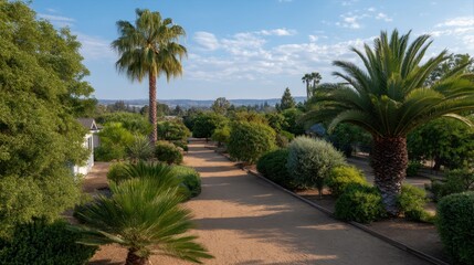 Fototapeta premium Aerial View of a Parched Garden Landscape with Palm Trees and Lush Greenery Under Clear Skies