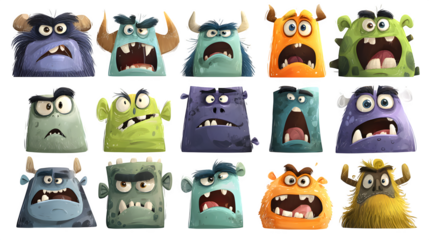 Twelve cartoon monster faces with expressive Halloween emotions, isolated on white background