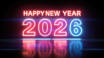 Neon Glow Happy New Year 2026 Celebration with Colorful Lights and Reflections on Dark Background
