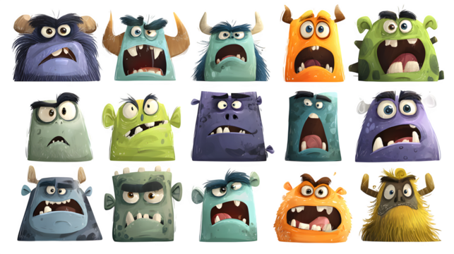 Twelve cartoon monster faces with expressive Halloween emotions, isolated on white background