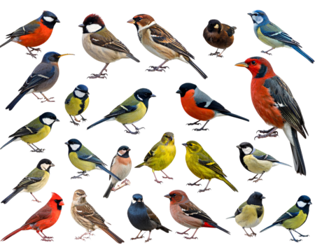 Collection of the most common European birds, isolated on transparent background