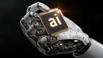 Robotic hand holding a microchip with the letters "ai