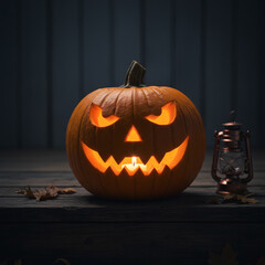 Fototapeta premium Sinister carved Jack-o'-lantern glowing on a rustic wooden table, a concept of a spooky Halloween tradition and festive autumn celebration.