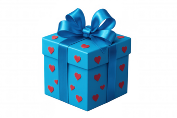 Gift box decorated with red hearts, featuring large blue bow, symbolizing love and celebration on transparent backdrop
