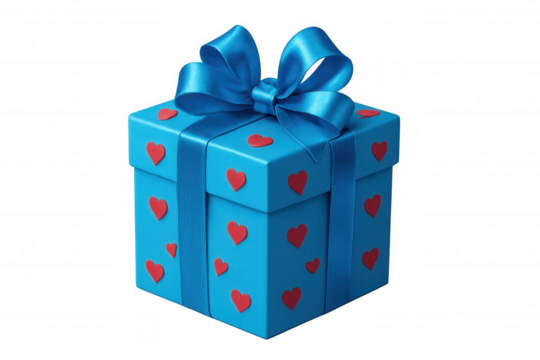 Gift box decorated with red hearts, featuring large blue bow, symbolizing love and celebration on transparent backdrop - Powered by Adobe