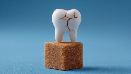 A cracked tooth on a sugar cube against a blue background
