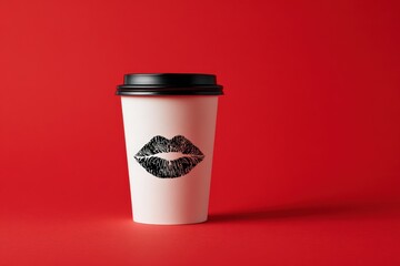 White disposable coffee cup with black lid, against a red background, featuring a graphic of a kiss