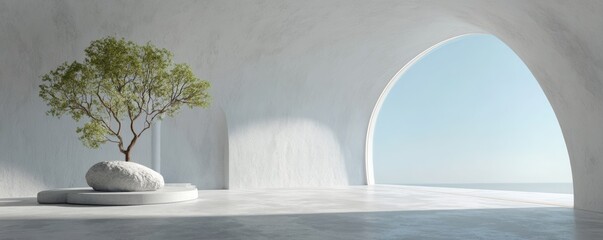 Minimalist interior with bonsai tree and ocean view