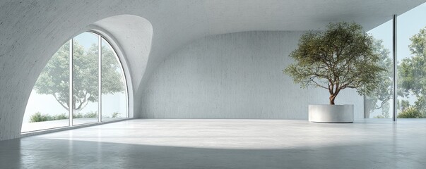 Modern, minimalist interior with a large window and potted tree