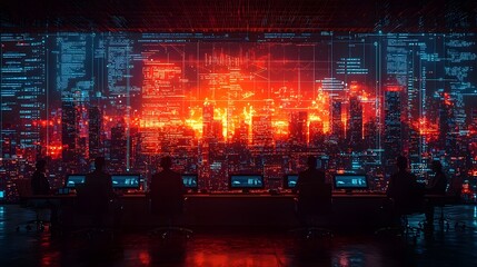 Futuristic boardroom where executives analyze digital data on a large screen displaying a glowing city