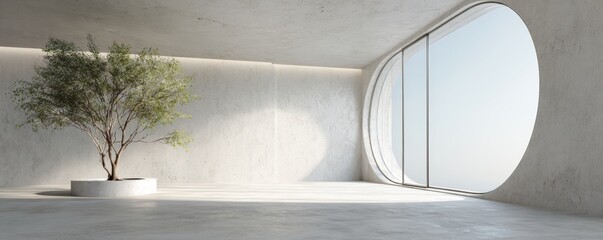 Minimalist, modern interior with a large, circular window