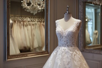 Elegant wedding gown in a bridal shop