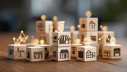 Wooden blocks forming a city,  glowing icons