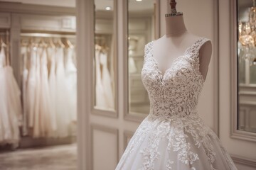 Elegant wedding dress on mannequin in a bridal shop