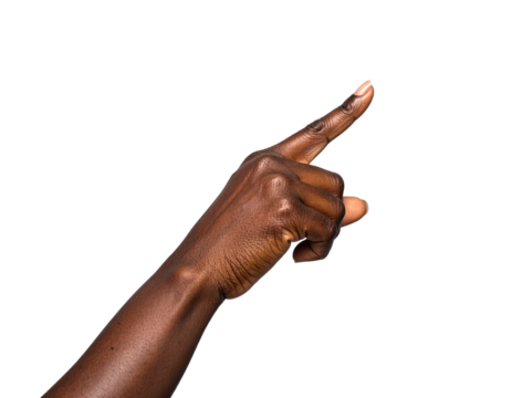Close-up of a dark-skinned hand pointing