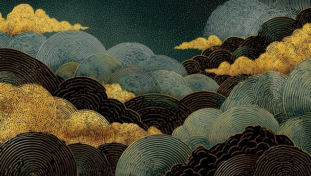Abstract landscape of layered clouds and hills in dark teal, gold, and grey tones