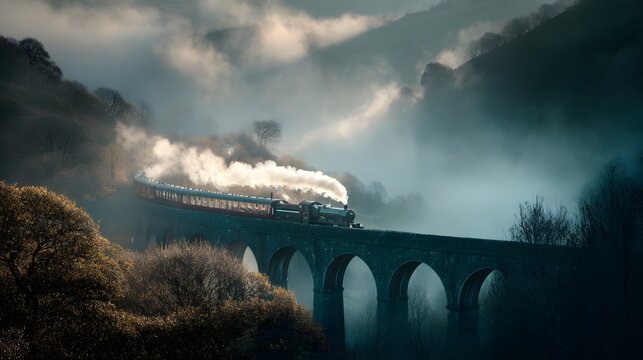 Steam train travels along a misty viaduct in a picturesque landscape at dawn - Powered by Adobe