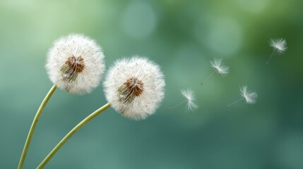 Two delicate dandelion seed heads in soft focus against a blurred green background with seeds drifting away in the gentle breeze of nature's beauty.