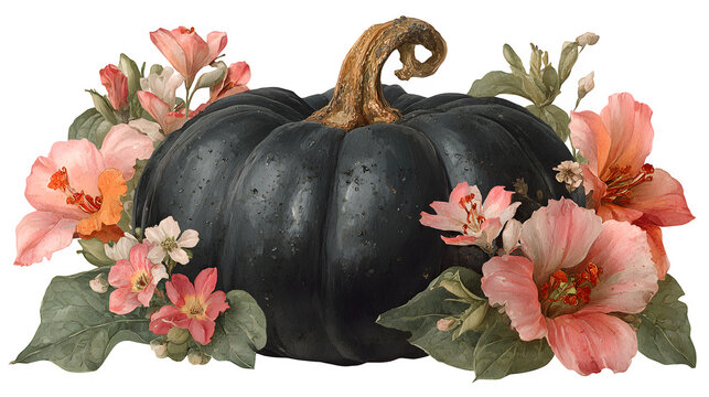 Watercolor Victorian black pumpkin with dark autumn design, isolated on white background
