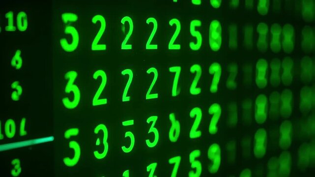 Digital display of glowing green numbers on a dark screen, suggesting data and technology.