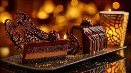 A vibrant dessert display featuring elegant chocolate treats adorned with delicate decorations and warm candlelight, ideal for food blogs, marketing materials, or restaurant menus,