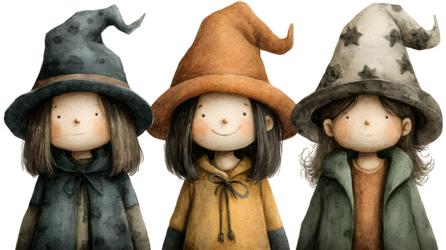 Watercolor clipart of cute Halloween witch in festive style, AI generated, isolated on white background